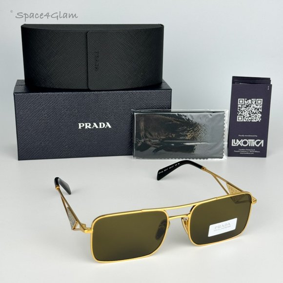 NEW Prada PRA52S 15N01T Matte Gold Brown Rectangle Unisex Sunglasses - Picture 1 of 9